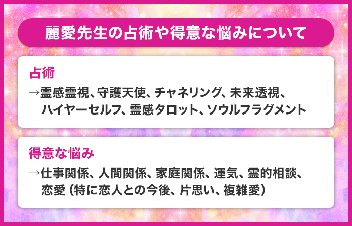 麗愛先生の占術や得意な悩みについて